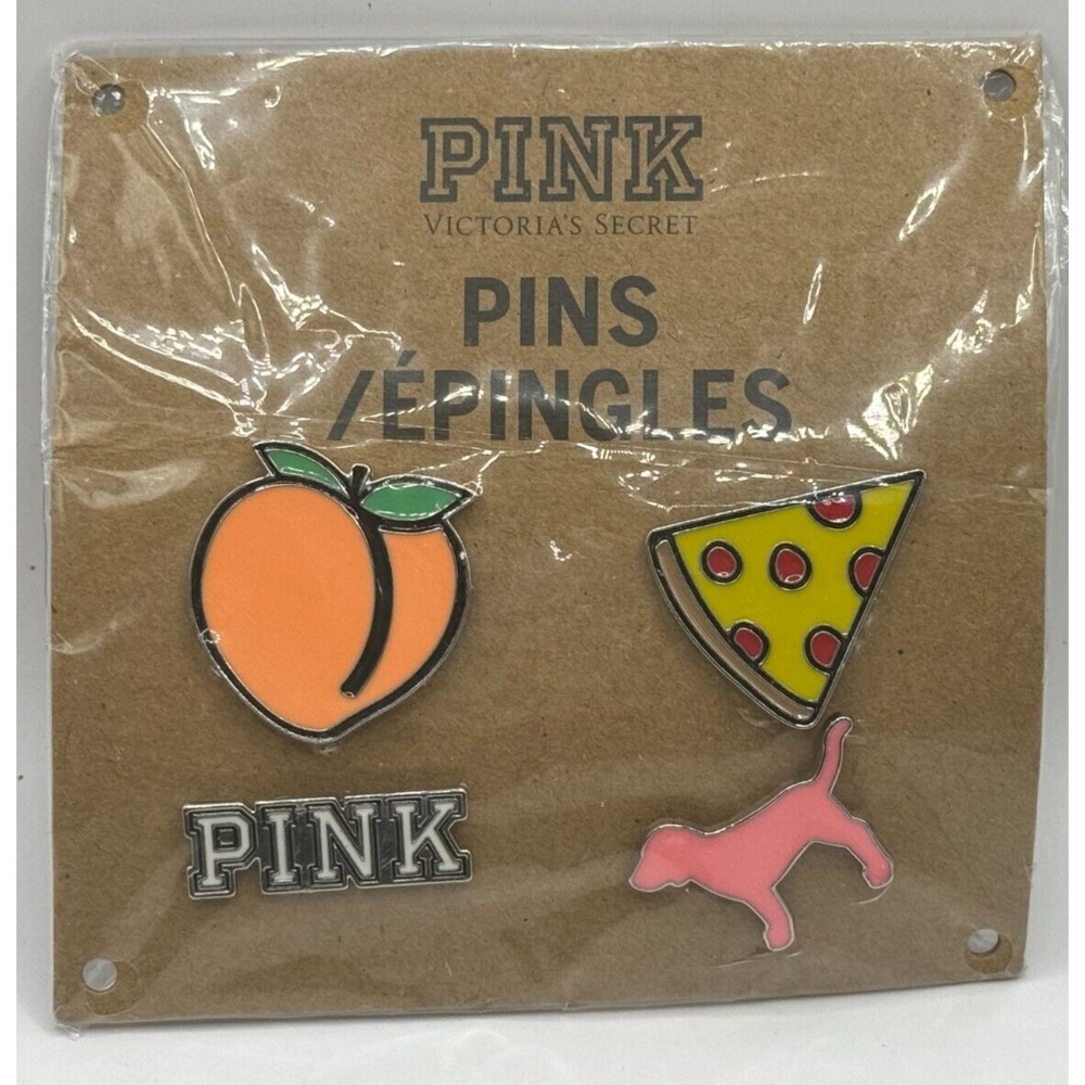 NEW PINK Victoria's Secret Limited Edition 4 Pins: Dog🐶 Pizza🍕 PINK Peach🍑